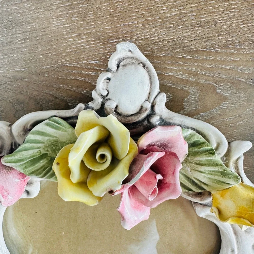 Vintage Italian Capodimonte Ceramic Rose‎ Photo Frame Ornate White Made in Italy